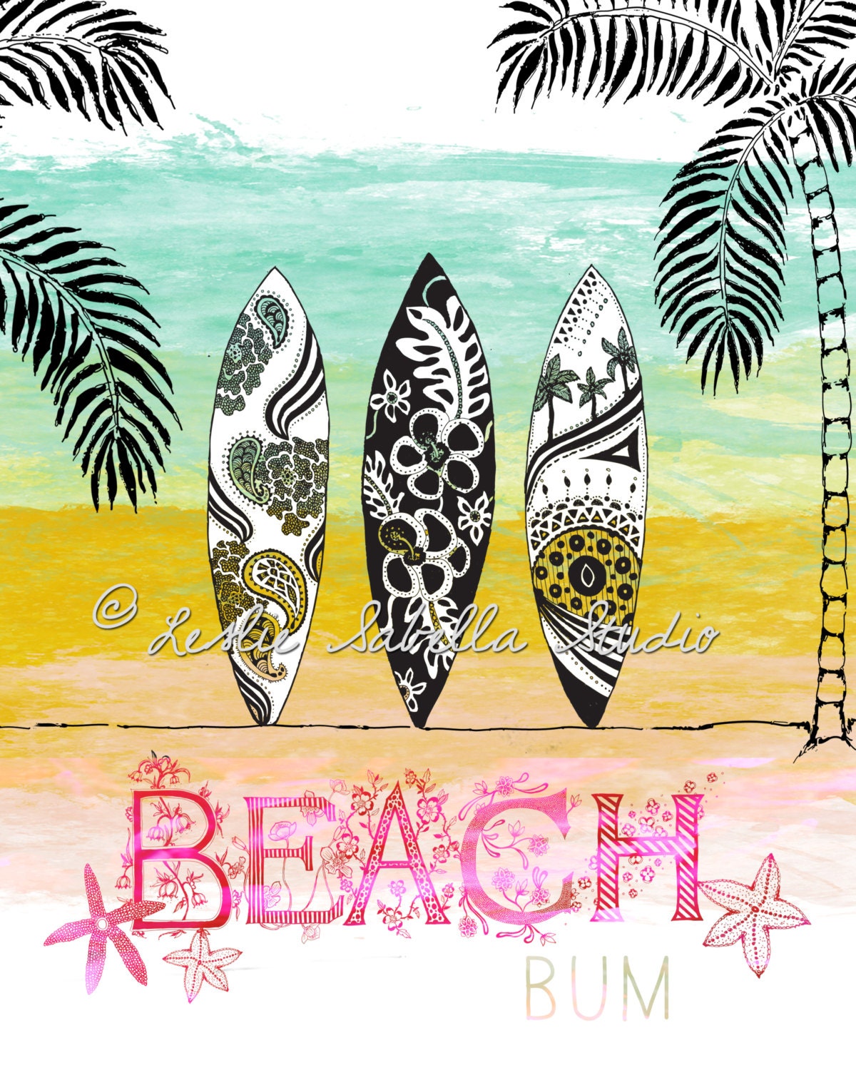 Beach Bum Art Print Beachy Surf Ocean 8x10