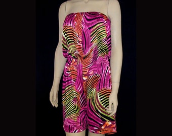 Shorts Strapless Jumpsuit Bright Jungle Print Stretch Spandex - Fits Medium or Large Pink Green Black Orange