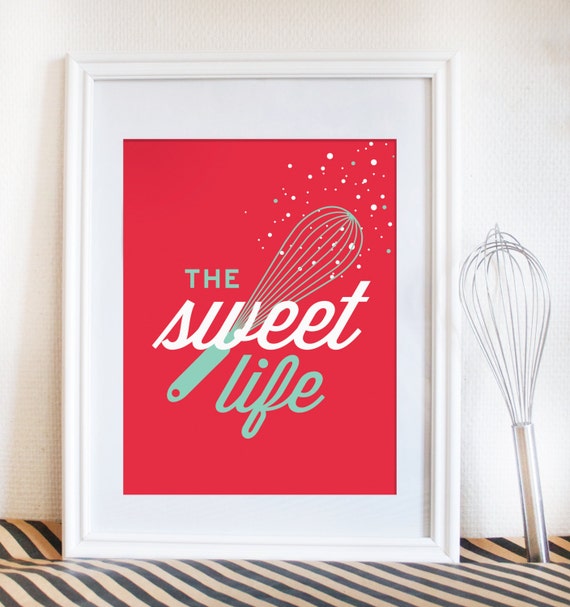 kitchen art print. Dessert inspired. red home decor. baking. The sweet life with whisk