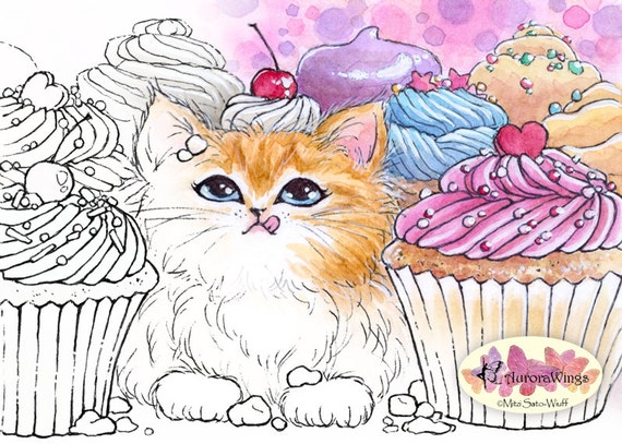 Digital Stamp - Cupcake Kitten - Instant Download - digistamp - Animal Whimsy Line Art for Cards & Crafts by Mitzi Sato-Wiuff