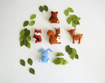pattern felt ornaments, 6 animals, woodland mobile diy, crib mobile DIY, wool felt pattern, squirrel, fox, frog, bunny, bear, deer