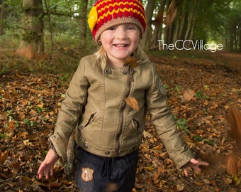 Crochet Girl Hat, baby Hat, cap, newborn Beanie, Brown red handmade, yellow flower