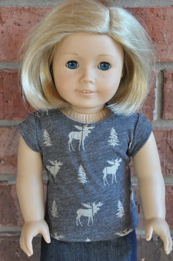 American Girl Doll Clothes Gray T-shirt with Moose and Tree Print 18 inch