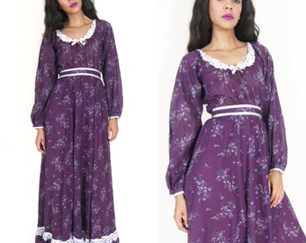 Vintage 70s Gunne Sax Prairie Maxi Dress Purple Ditsy Floral Calico Lace Ribbon Hippie