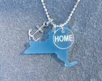 New York State Sea Glass Style Silver Anchor HOME Necklace