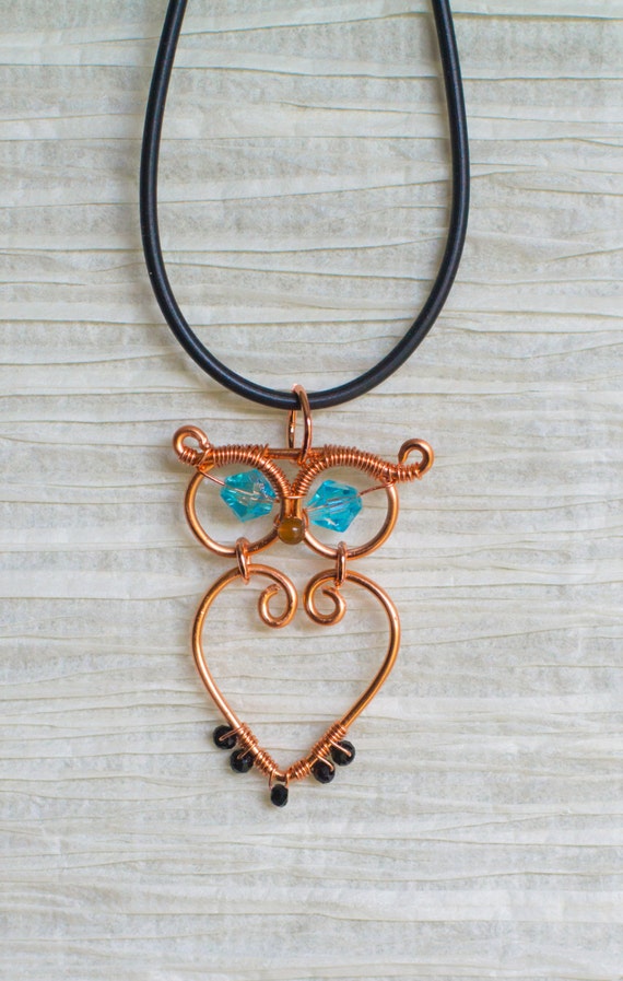 Recycled Wire Wrapped Copper Owl Necklace with Crystal accents