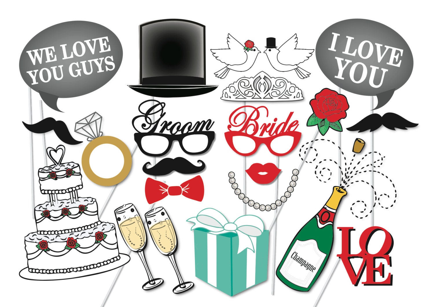 Wedding Photo Booth Props Set 21 Piece PRINTABLE Wedding