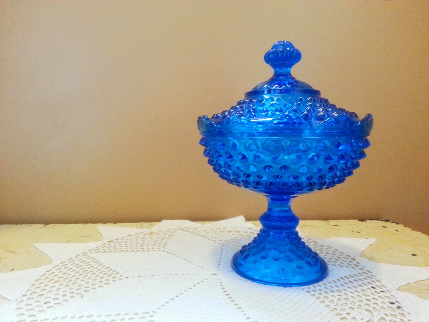 Fenton Blue Hobnail Pedestal Covered Candy Dish Scallop Edge