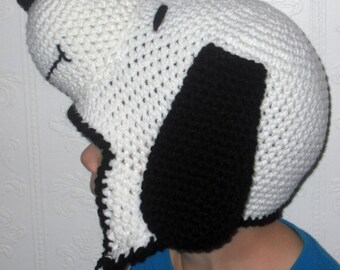 White and Black Dog Snoopy Hat, Beanie, Stocking Cap with Earflaps - Peanuts Movie
