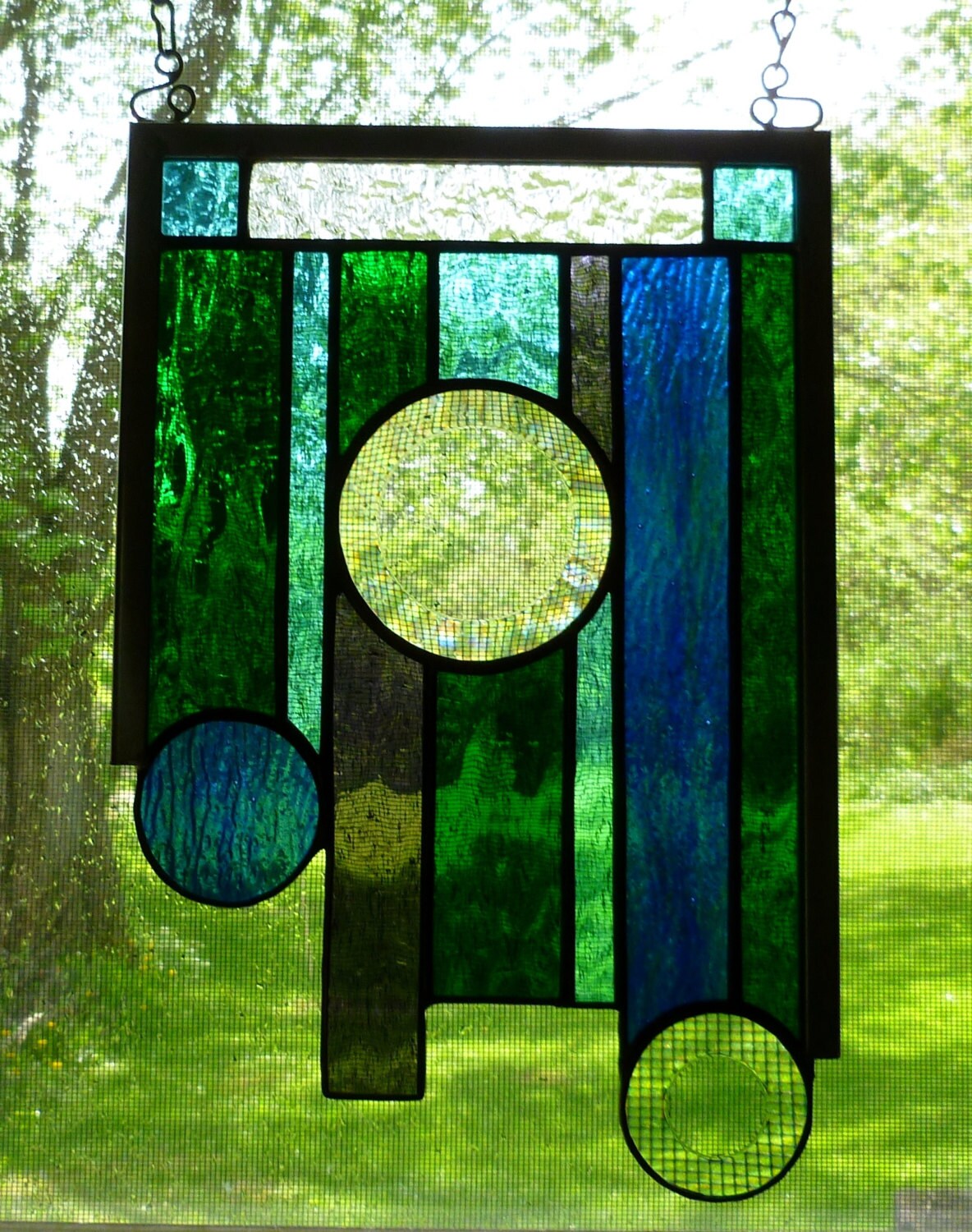 Stained Glass Blue Purple and Green Geometric 7 x 11