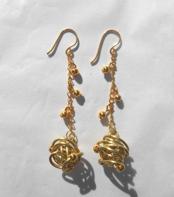 Items similar to Earrings - Gold Wire Wrapped Hanging Ball Earrings on Etsy