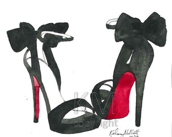 Louboutin High Heels, Fashion Illustration Watercolor Painting Print -- Home/office decor and wall art, Fashion prints, Louboutin shoes