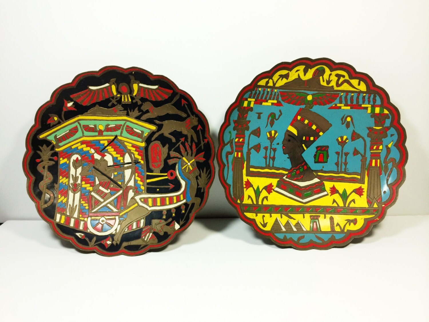 Pair of 12 Vintage Egyptian Brass Plates with Nefertiti