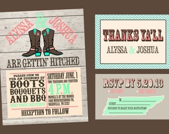 Custom High Resolution DIY Cowboy Boots Southern Rustic Wedding Printable Paper Goods Package --- Invitation, Thank You Card, RSVP Card