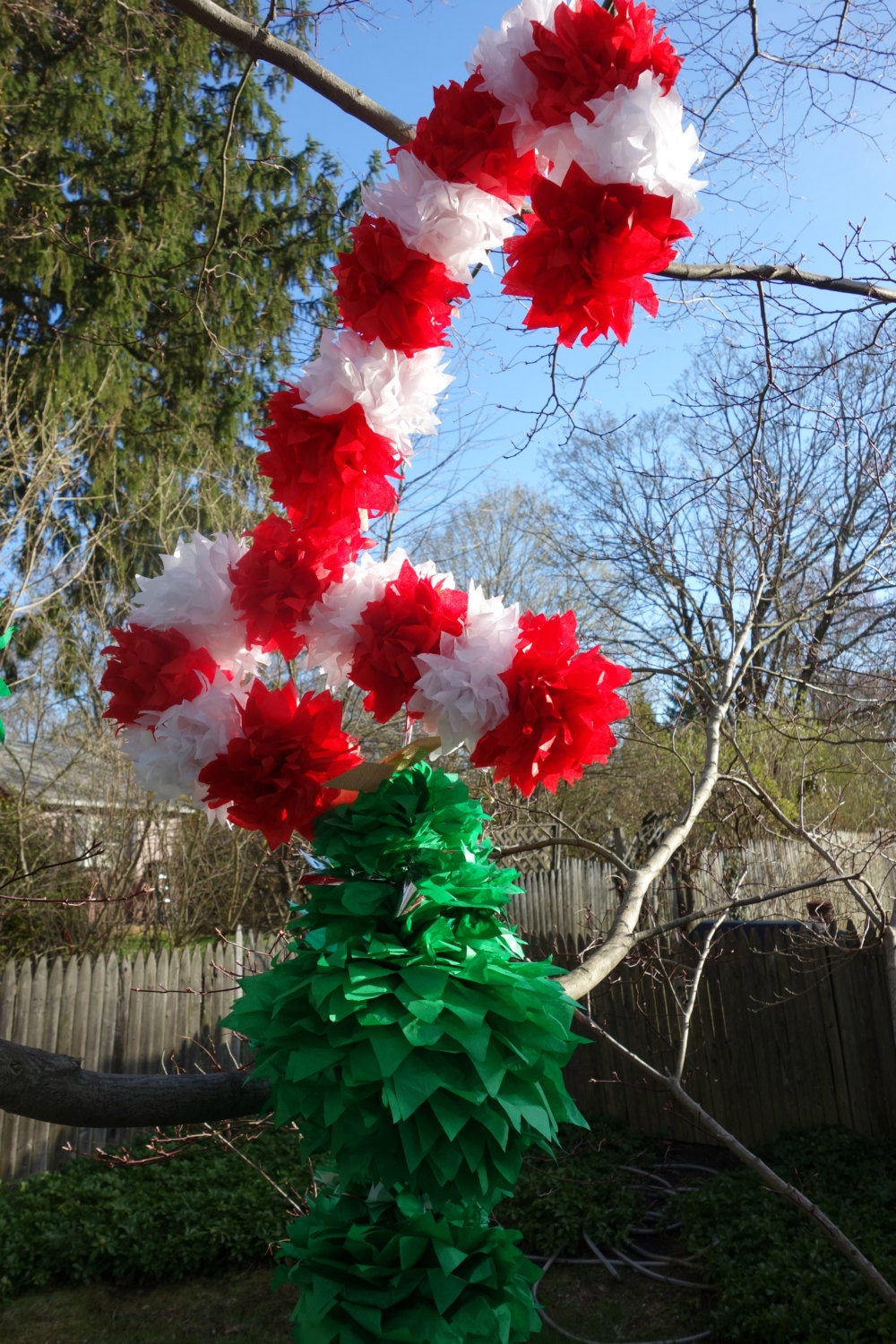 THREE (3) CANDY CANE Connecting PuffScape (Single-Sided) Handmade Tissue Paper Pom Pom Flower Puff Christmas Holiday Birthday Shower Wedding