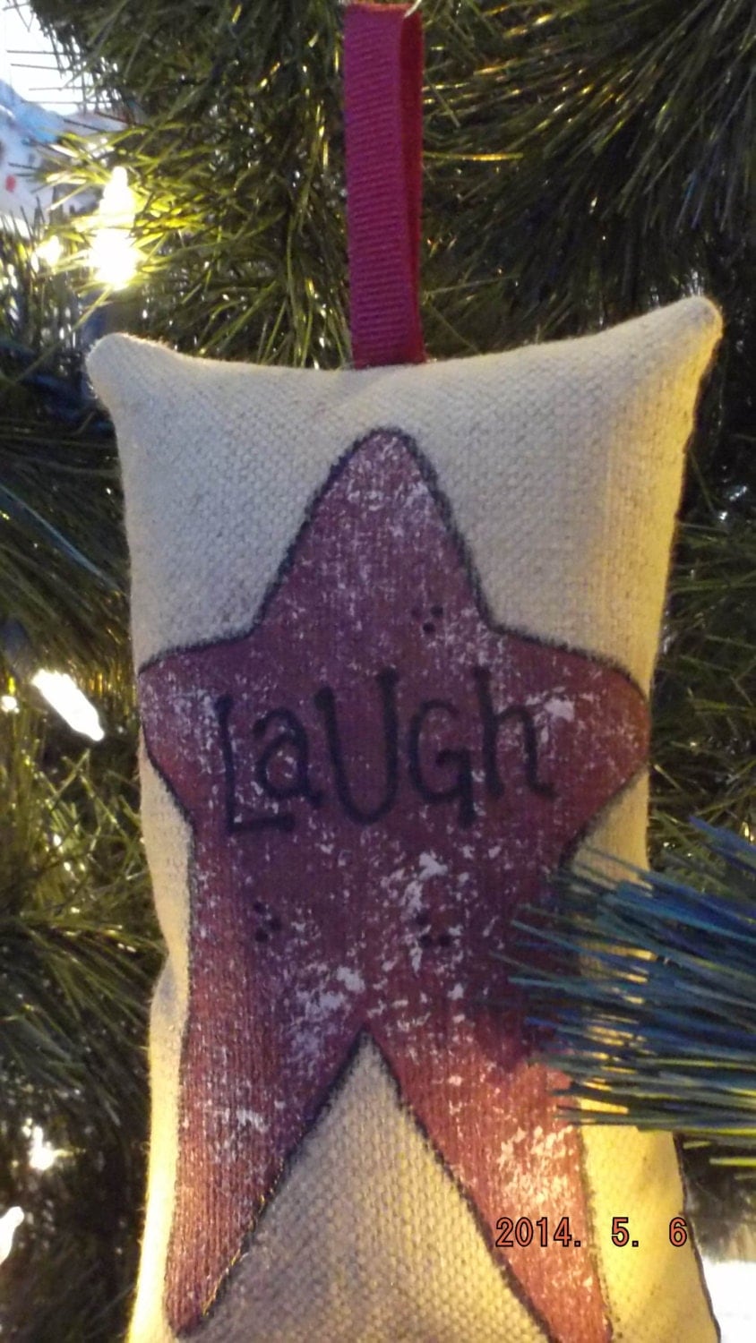 Primitive Burgundy Star "Laugh" Stenciled Pillow Christmas Tree Ornament FREE SHIPPING!