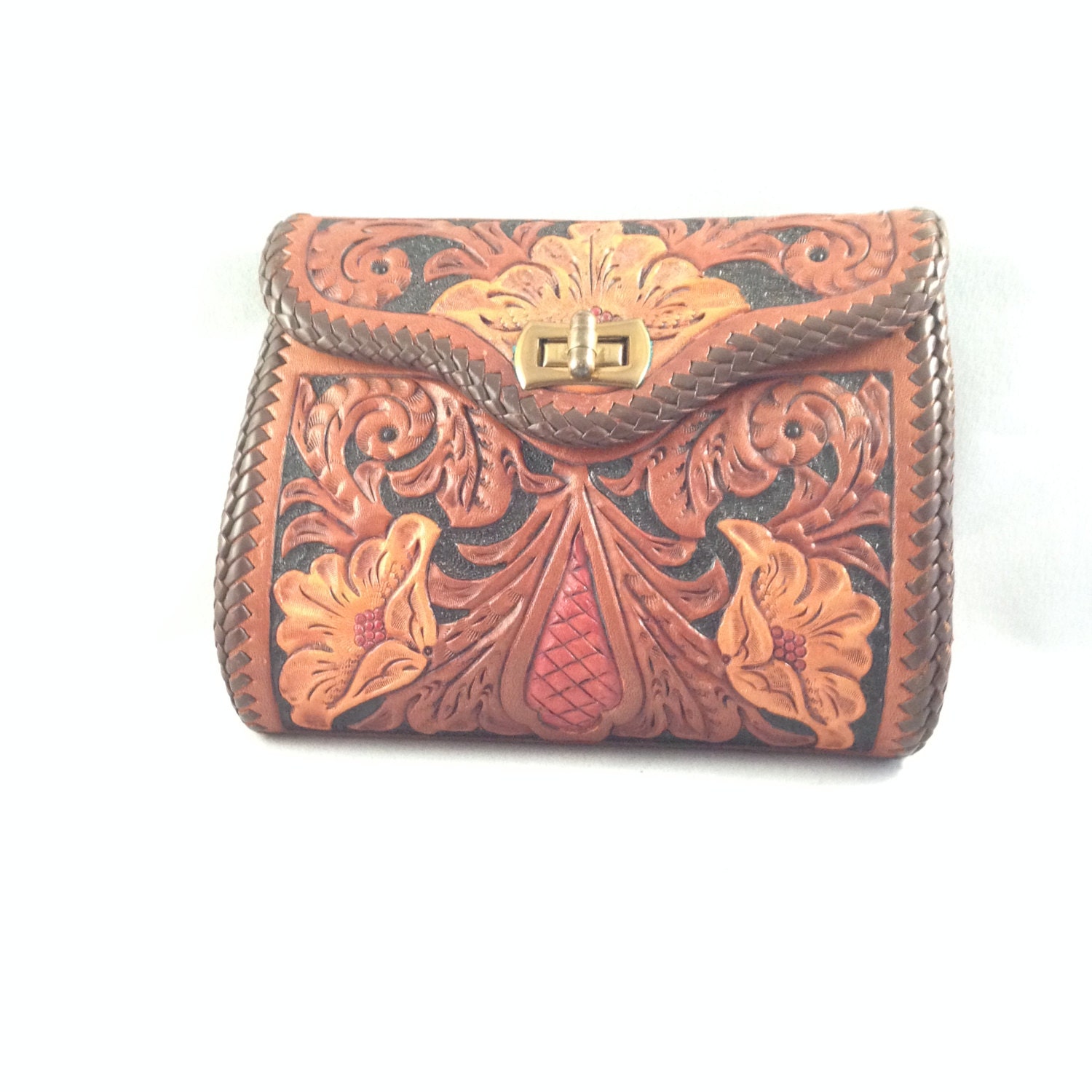 Hand Tooled Leather Clutch Purse Floral Design