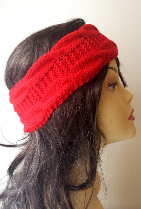 Hand Knit Merino Wool Headband, Hair Accessories, red knitted headband, cable knit red hairband