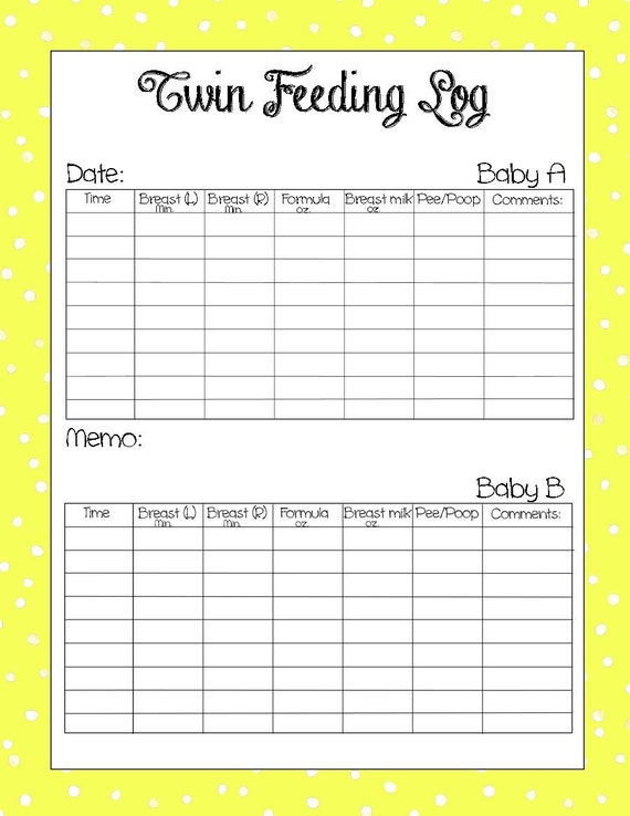 Items similar to Twin Feeding Log - Printable - Instant Download on Etsy