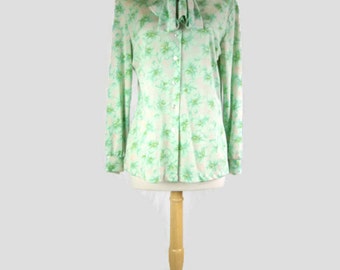 Vintage 70s Polyester Green Floral Secretary Blouse - Floral Top
