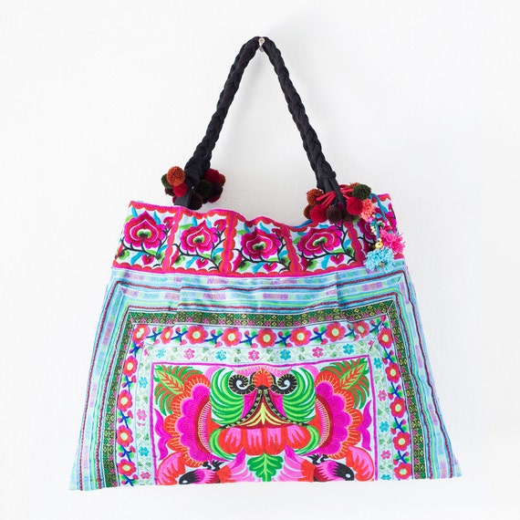 Blue Orchids Hill Tribe Tote Hmong Bag Large Size by ChangnoiBags