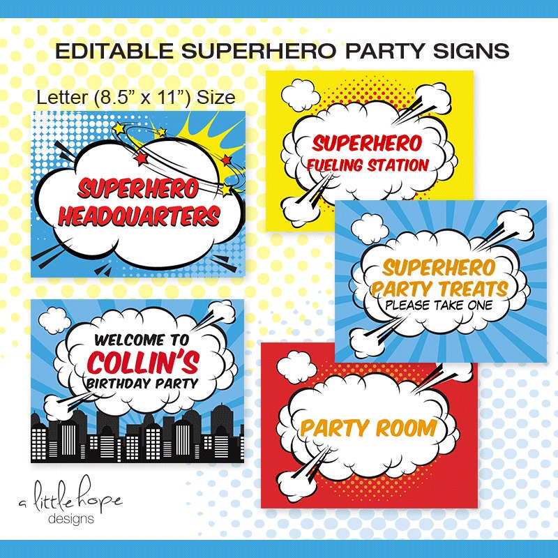 Superhero EDITABLE Party Signs Instant Download PDF file