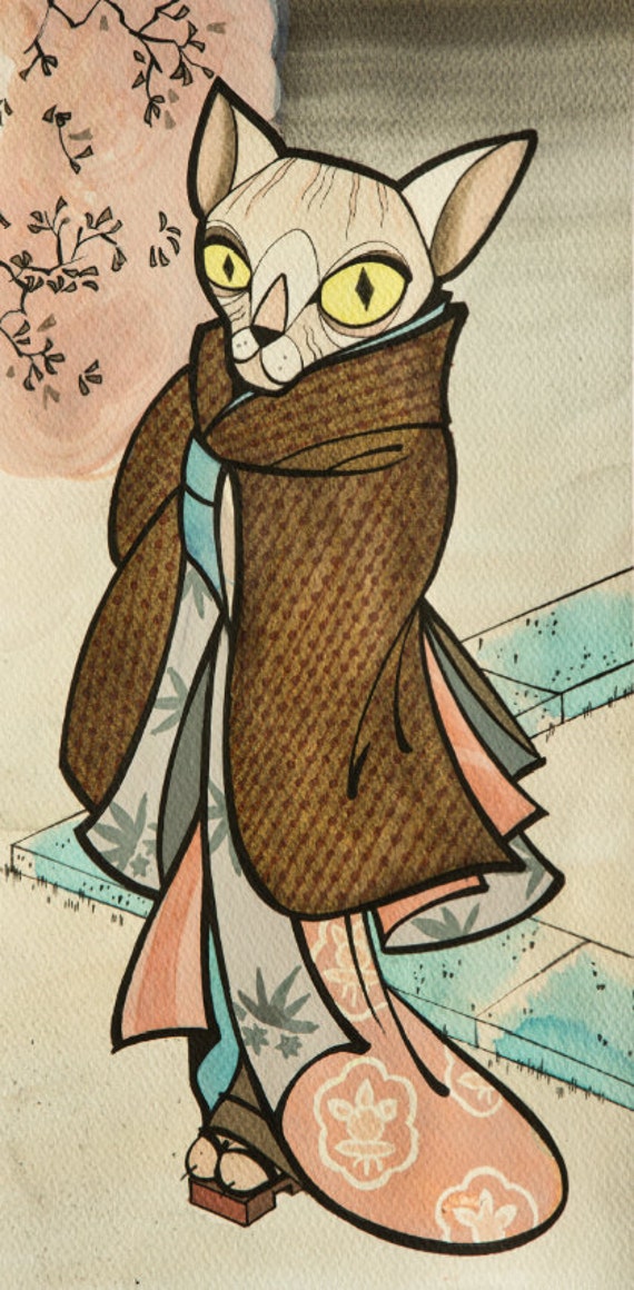 Items similar to Bakeneko Japanese cat in kimono printed illustration