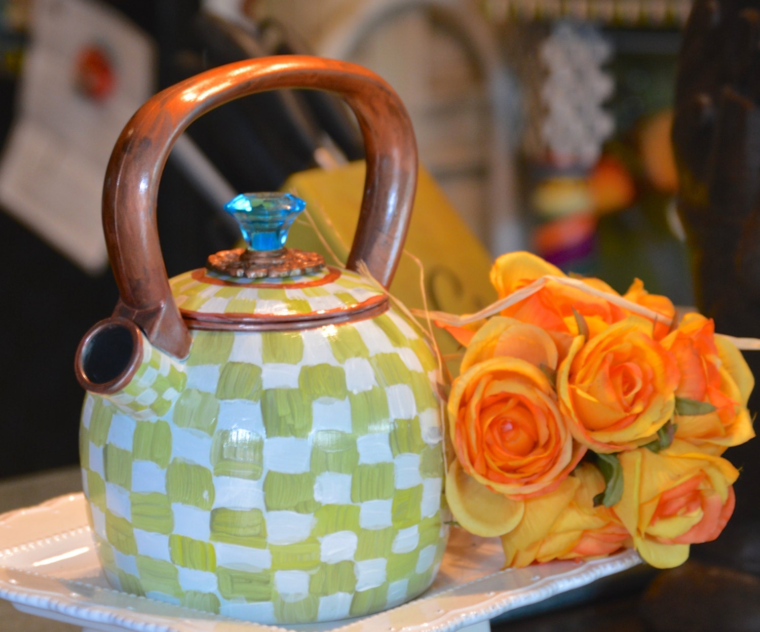 Mackenzie Childs inspired limegreen check small teapot with