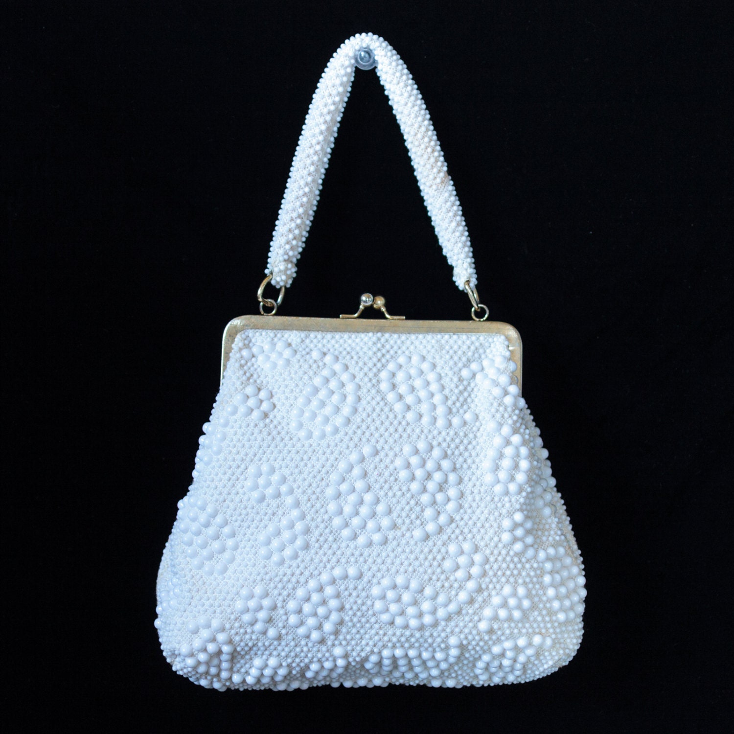 White Beaded Evening Bag Vintage 1970s Cream Colored Mock