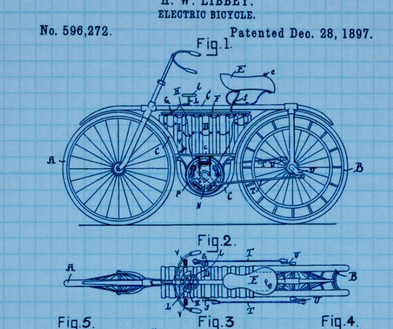 1897 Electric Bicycle Patent Poster Print Wall Art