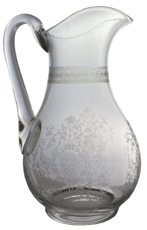 Antique Hand Blown Etched Glass Water Pitcher by FavAntiques