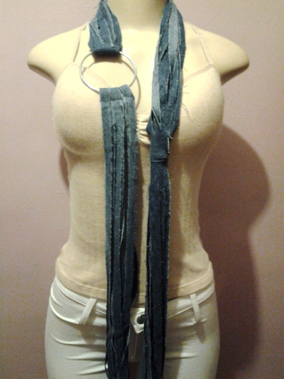 Attractive Denim Necklace Fashion Cowl Scarf with Beautiful Large Silver Ring, Long Scarf, Women Scarf, Ladies Scarf, String Scarf