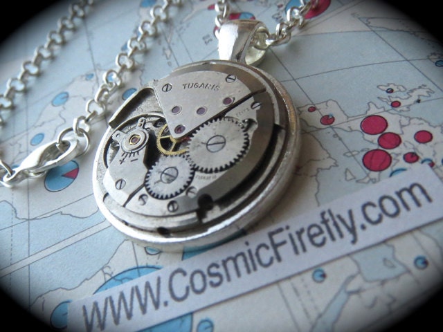 Silver Steampunk Necklace Round Pendant Non Working Real Vintage Tugaris Swiss Watch Movement Unisex Industrial Jewelry