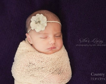 Baby Girl Ivory Headband...Tiny Ivory Flower on a skinny elastic White Headband...Newborn Headband