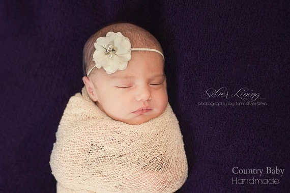 574 New baby headband ivory 175 Baby Girl Ivory Headband Tiny Ivory Flower on a skinny elastic White   