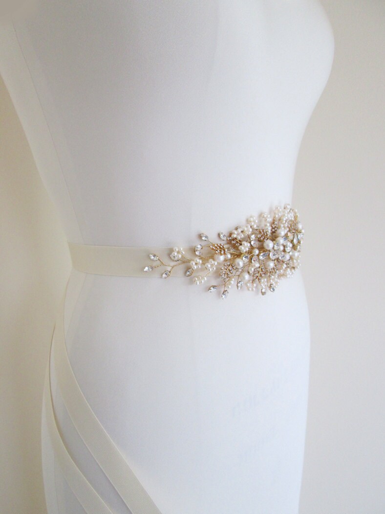 Bridal pearl crystal gold belt Bridal Swarovski crystal belt