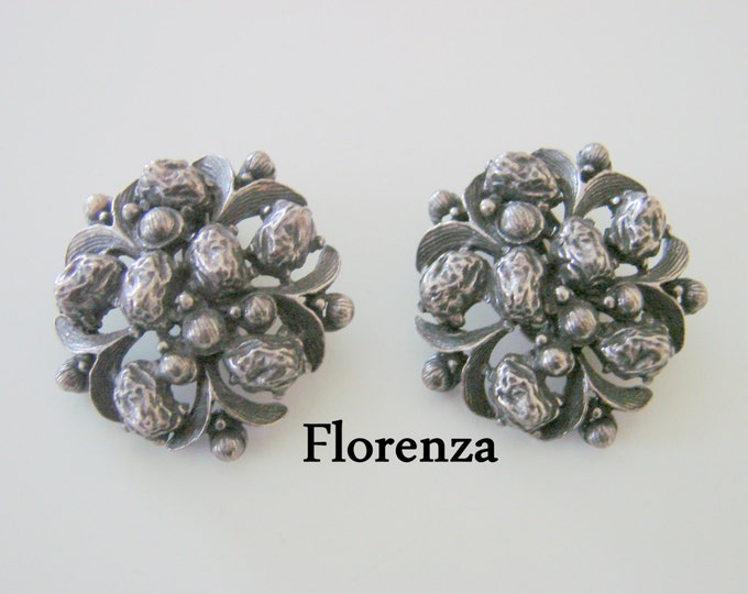 Florenza Renaissance Revival Clip Earrings / Designer Signed / Antique Silver Tone / Vintage Jewelry / Jewellery