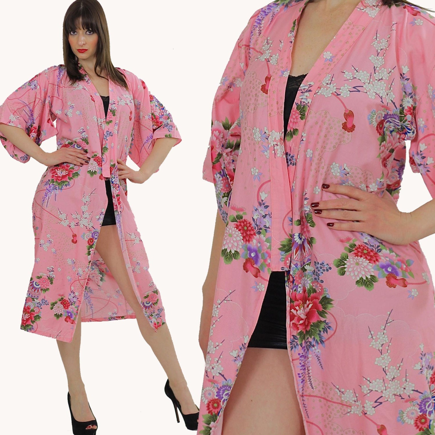 Japanese Kimono Robe Pink Floral robe Festival Gypsy Boho Maxi