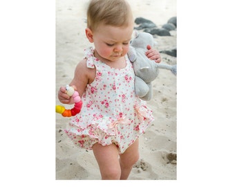 Baby's romper sewing pattern Rose Bud Romper pdf pattern by Felicity Sewing Patterns, baby girl's romper pattern sizes 3 months to 3 years