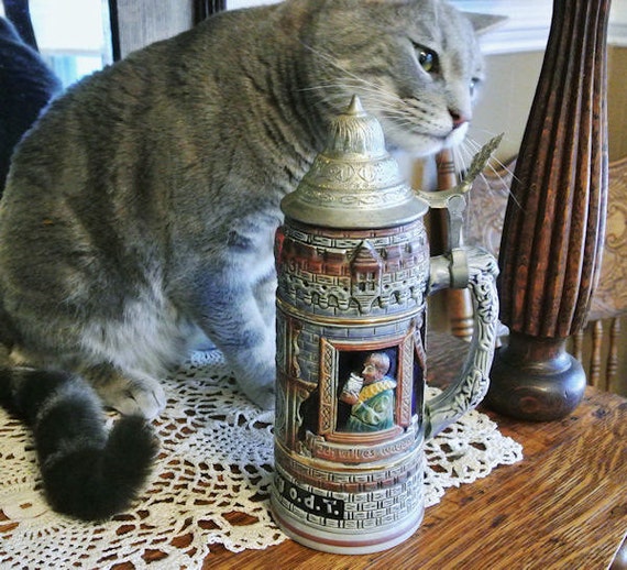 Vintage German Beer Stein 1960s Original King Beer Rothenburg Pewter Lidded Lid Gold Germany Raised Relief Drinking Bar Barware Tavern Cave