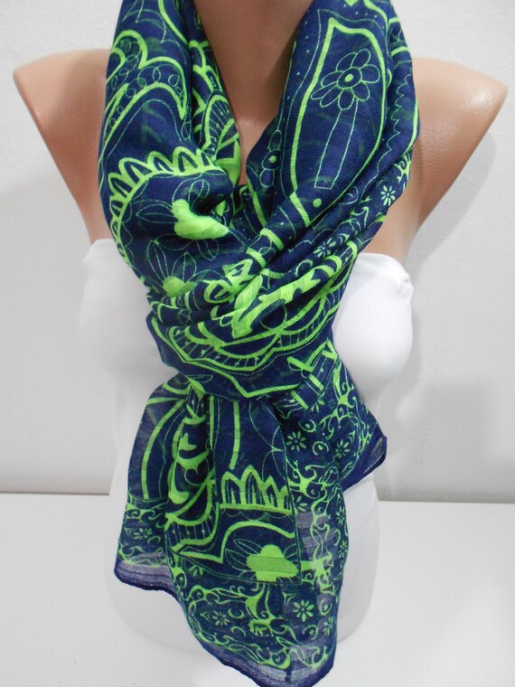Cotton Scarf Infinity Scarf Navy Blue Neon Green by