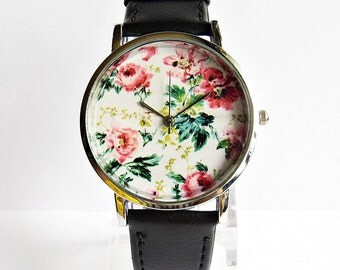 Floral Watch, SALE! Women Watches, Vintage Style Leather Watch, Unisex Watch, Boyfriend Watch, Personalized Watch, Unique Watches, Gift