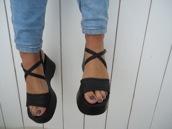 Vintage 90's Platform Shoes Chunky Black Sandals by VintageAgency