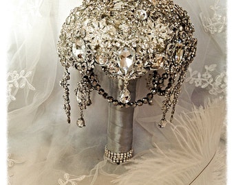 Keepsake Brooch Bouquet. Deposit on Great Gatsby Diamond Jeweled Crystal Bling Broach Bouquet with dangling jewelry. Quinceanera bouquet