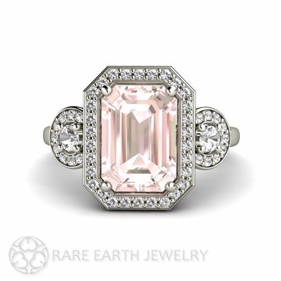 Pink Morganite Engagement Ring Emerald Diamond Halo Morganite Ring 3 ...