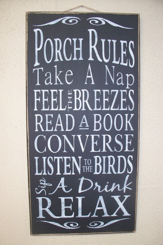 PORCH RULES - Wooden sign - hand painted - black chalk paint - large - subway art - typography - rustic -