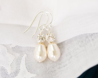 Teardrop Bridal Earrings, Wedding Pearl Earrings, Crystal Bridal Drop Earrings, Ivory Pearl Wedding Earrings