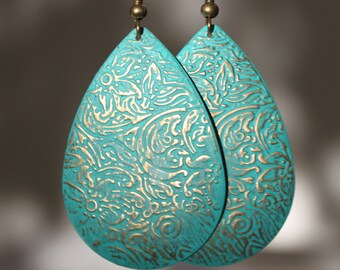 Turquoise Earrings Patina Earrings Boho Earrings Drop Earrings Dangle Earrings Jewelry Etched Lightweight earrings Gift For Her Gift Ideas