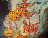 Halloween art painting original deco primative decoration devils pumpkins Halloween art painting original deco primative decoration devils pumpkins