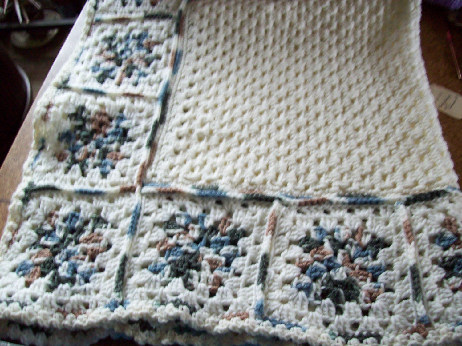 Hand Crochet Baby Blanket White with varigated granny square